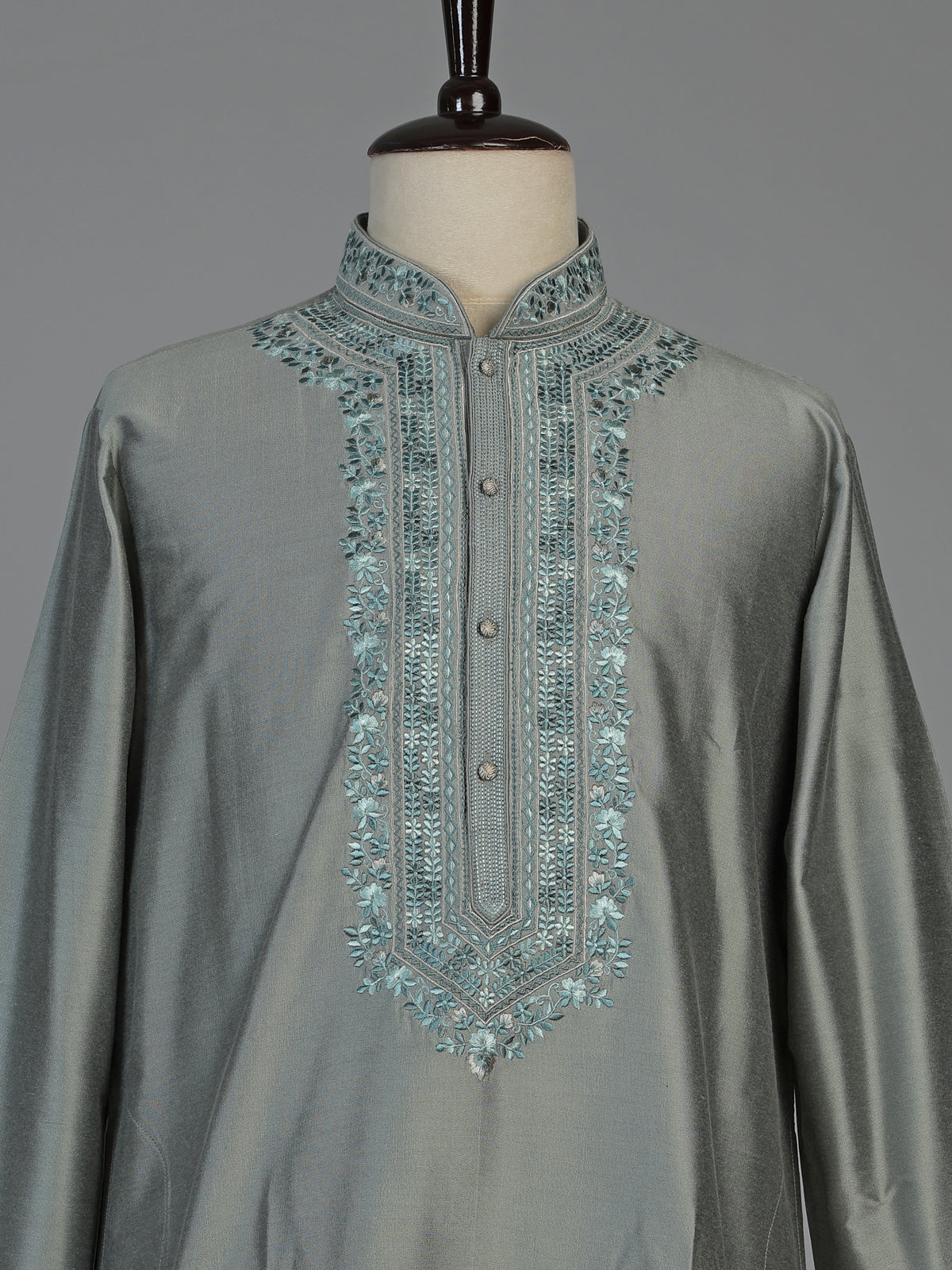 Grey silk blend mens kurta suit with subtle thread and sequin work