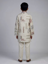 Cream folk kantha embroidered boys kurta suit