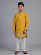 Yellow palm tree embroidered boys kurta suit