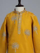 Yellow palm tree embroidered boys kurta suit