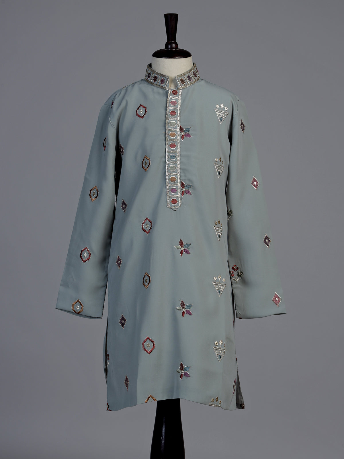 Grey floral silk blend star boys kurta suit