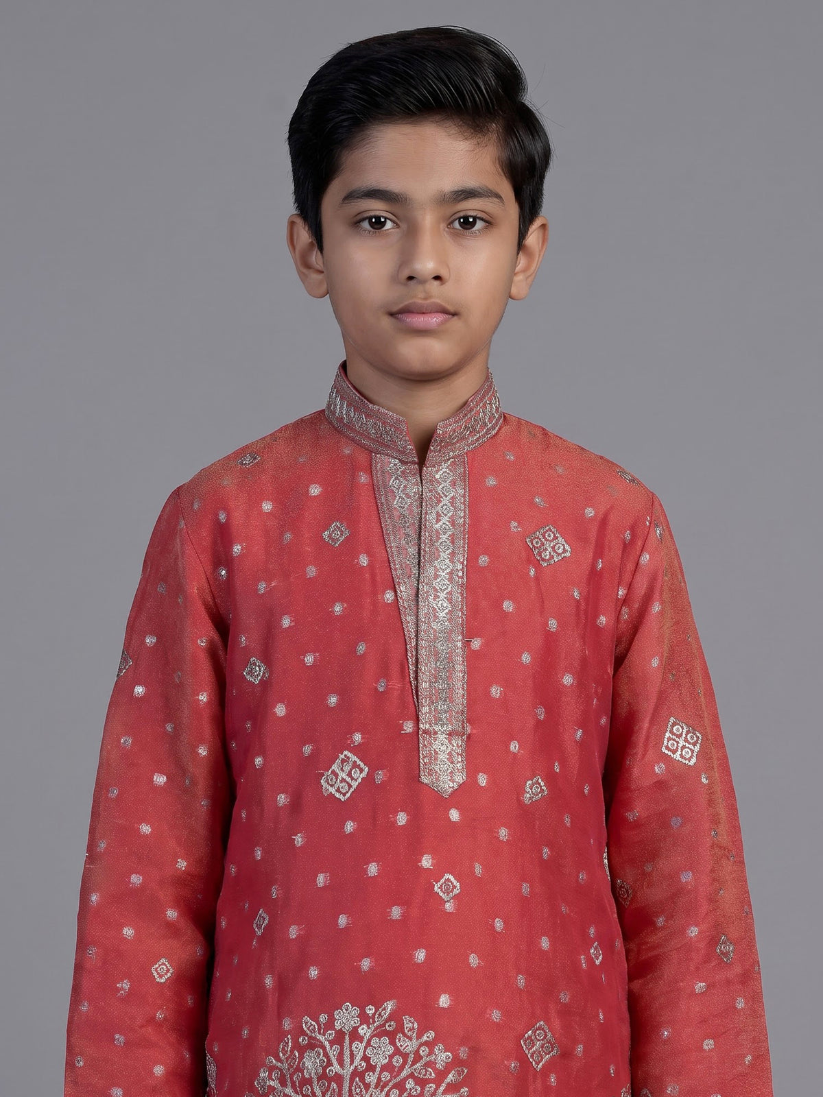 Pastel peach chanderi silk boys kurta suit