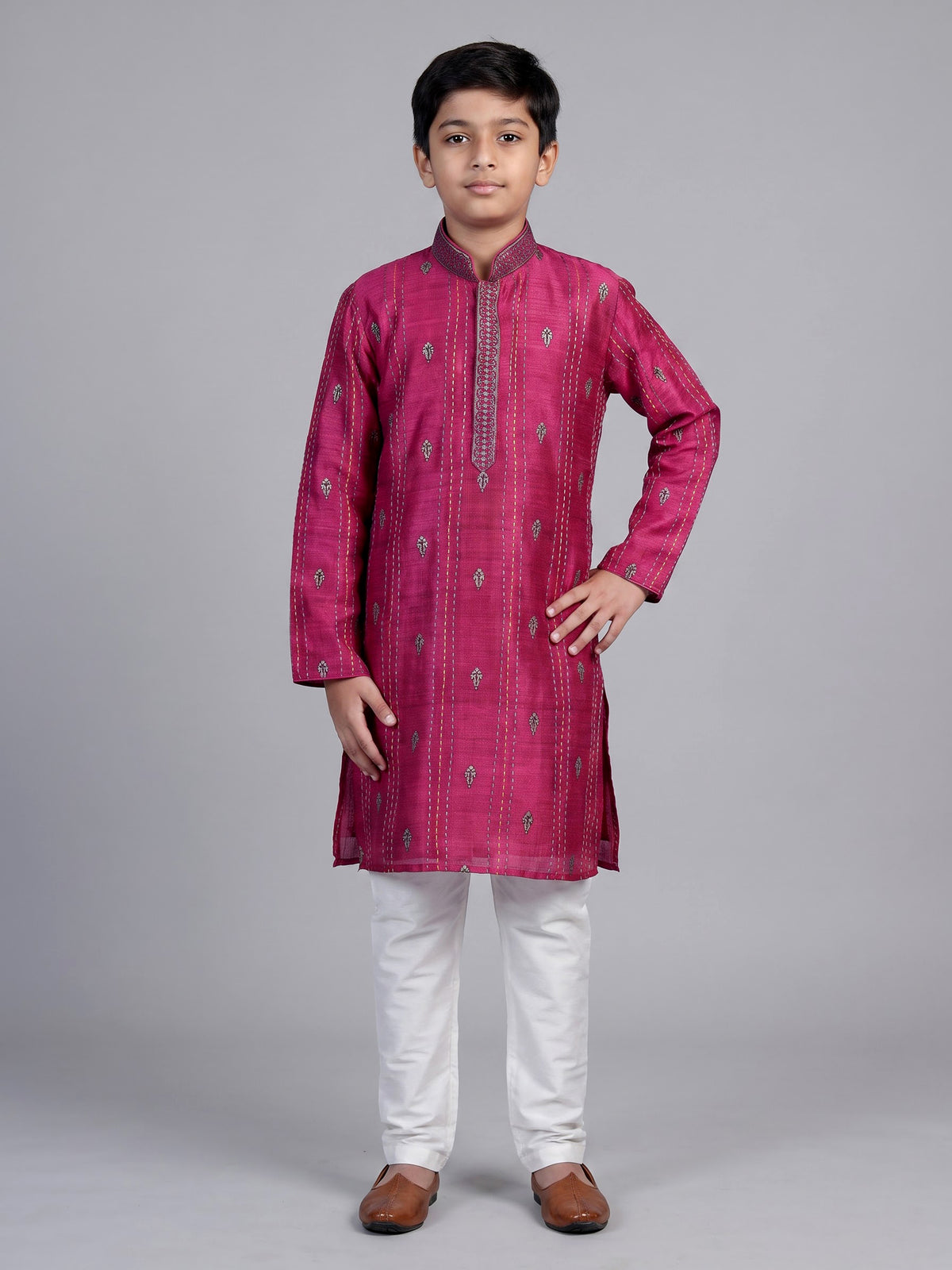 Magenta pink floral butti boys kurta suit