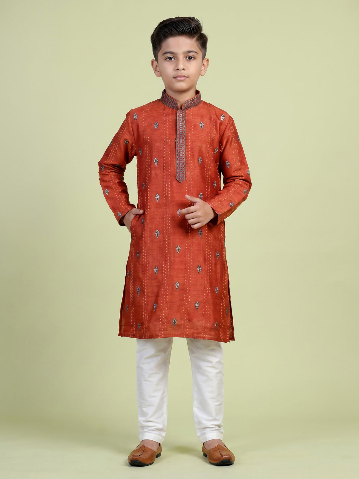 Rust orange embroidered boys kurta suit