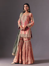 Peach silk sharara suit with zardosi detailing