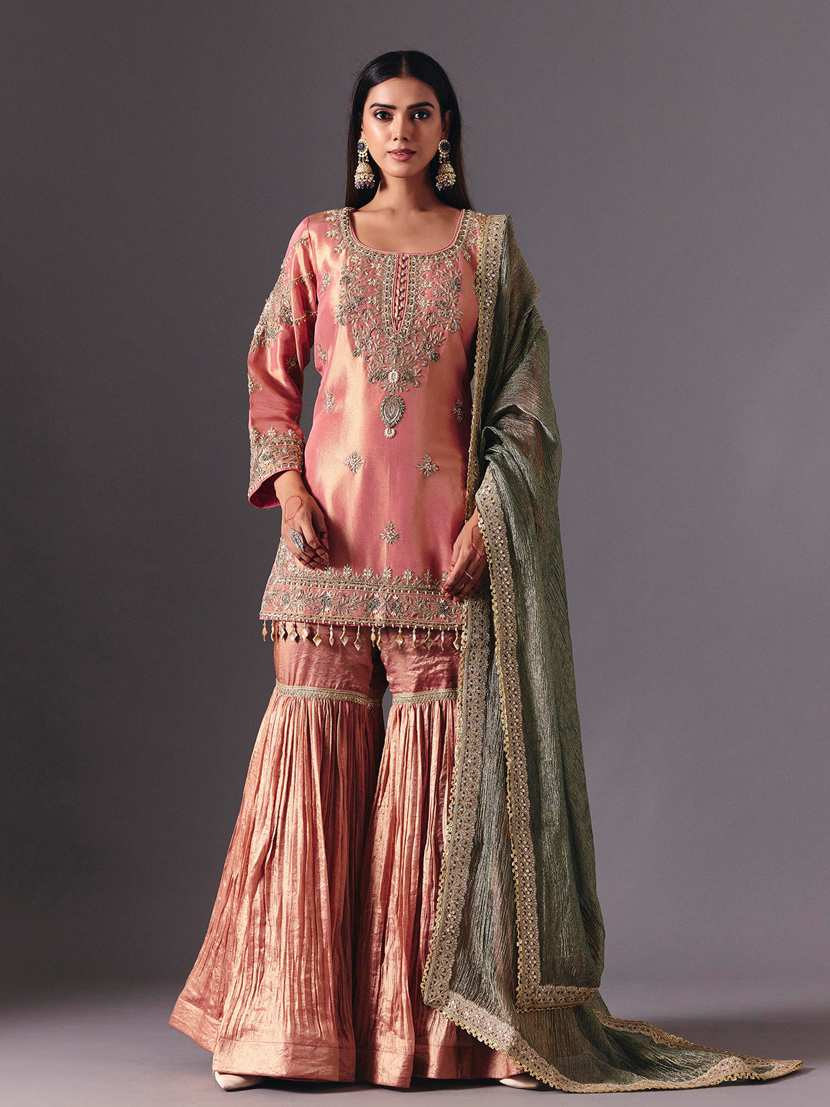 Peach silk sharara suit with zardosi detailing
