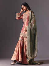 Peach silk sharara suit with zardosi detailing