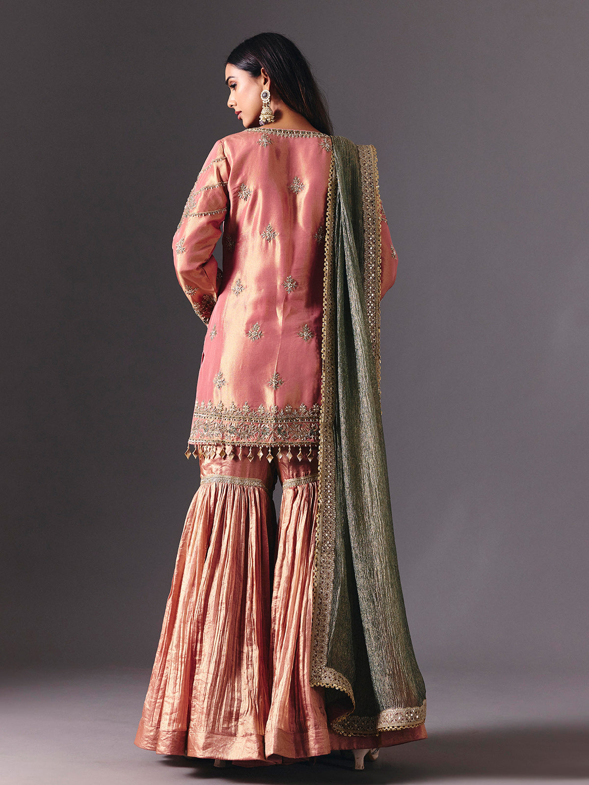 Peach silk sharara suit with zardosi detailing