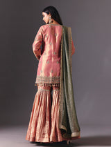 Peach silk sharara suit with zardosi detailing