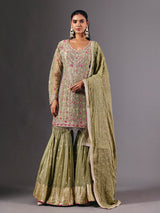 Green tissue silk sharara suit with zardosi and sequin embellishments