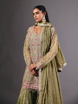 Green tissue silk sharara suit with zardosi and sequin embellishments