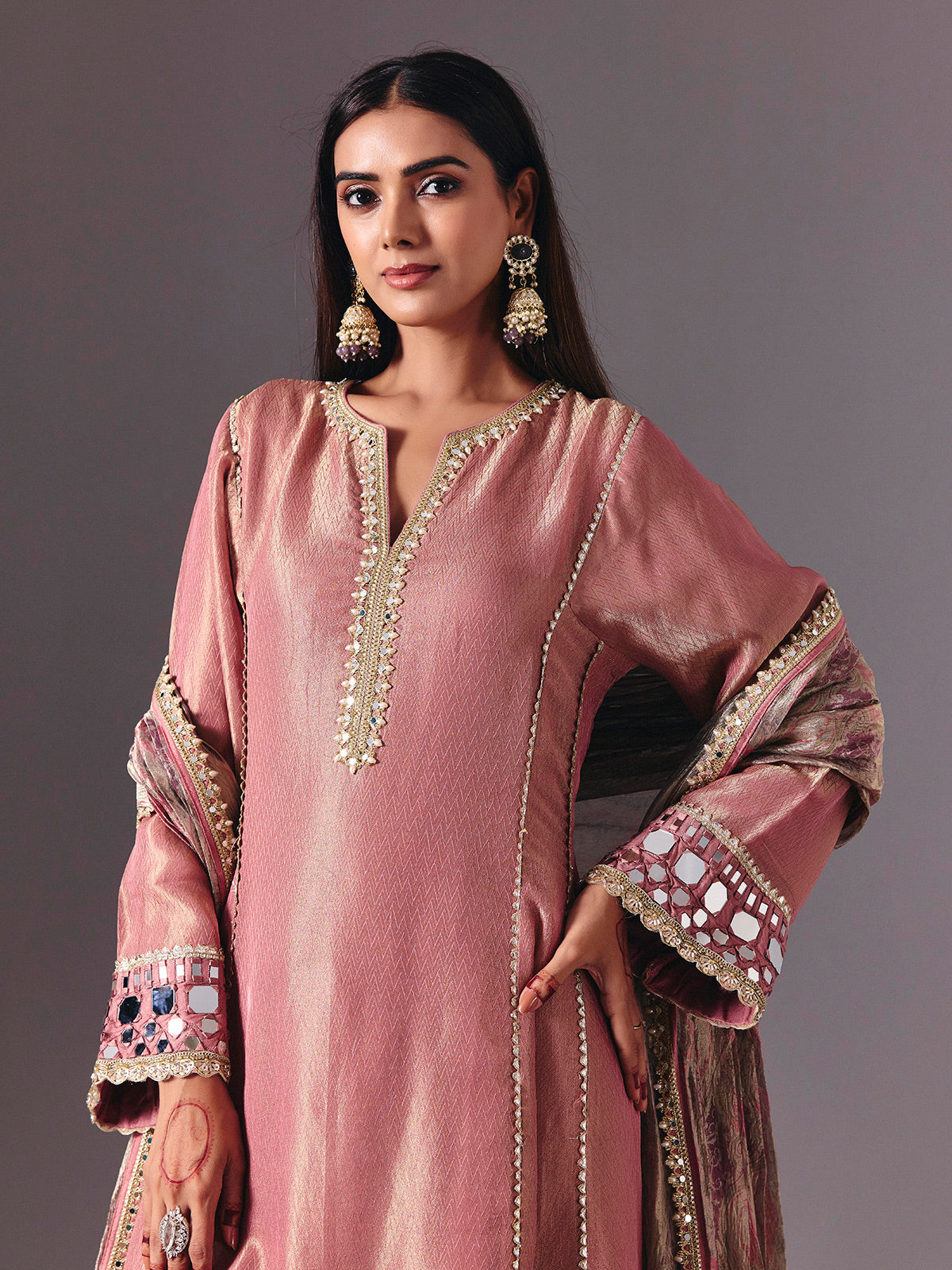 Onion pink silk salwar suit with resham artistry