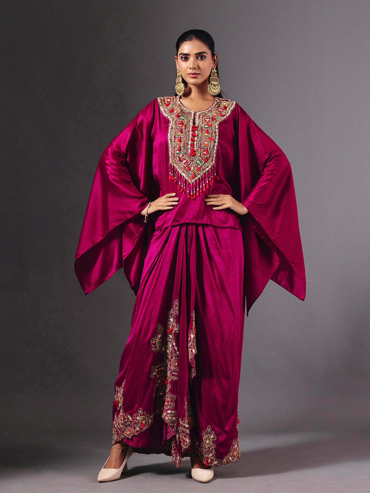 Wine crepe silk indowestern suit with luxurious embellishments
