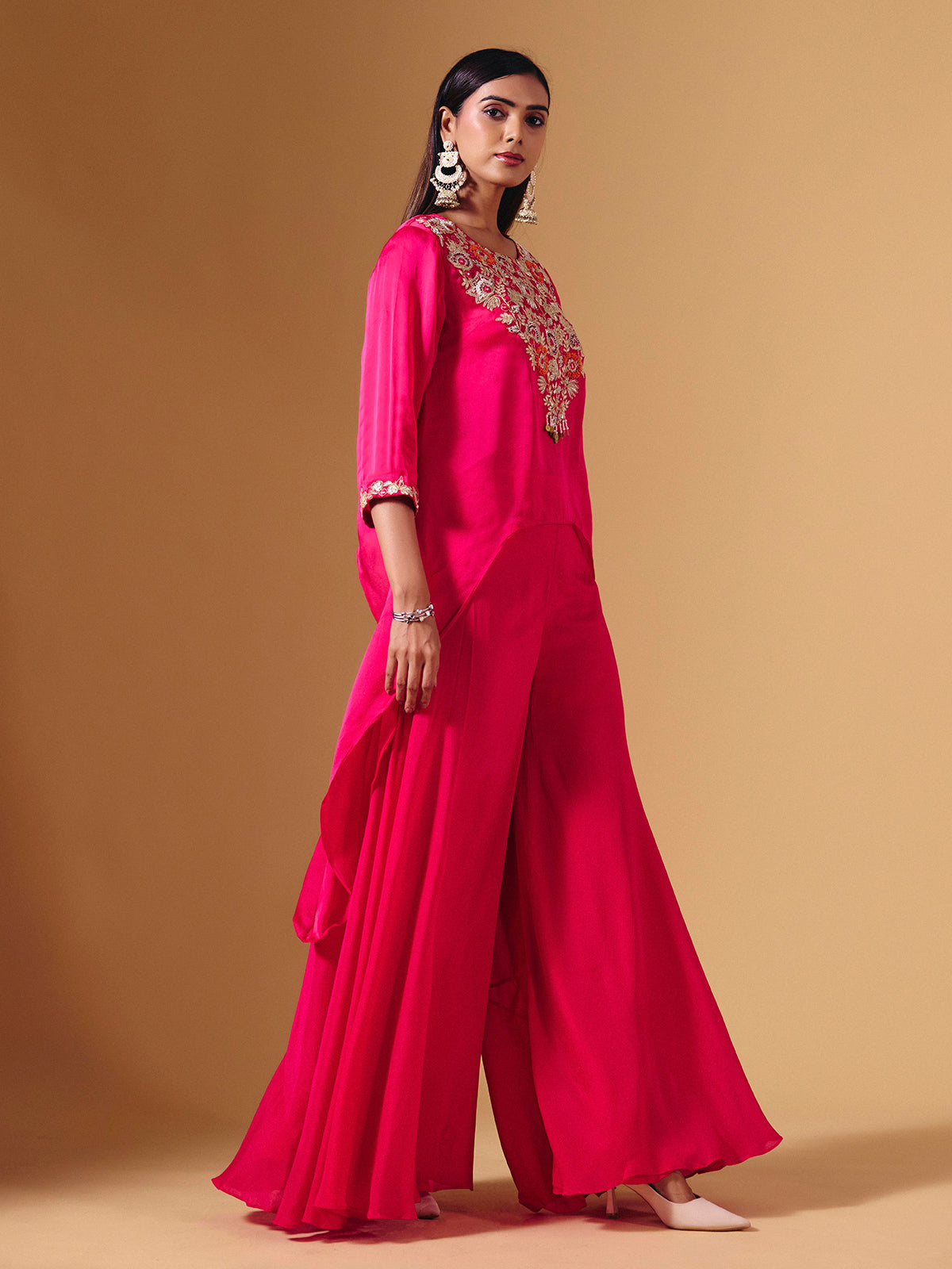 Elegant pink tissue silk palazzo suit with festive embellishments