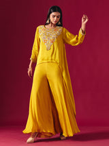 Vibrant yellow tissue silk palazzo suit with festive detailing