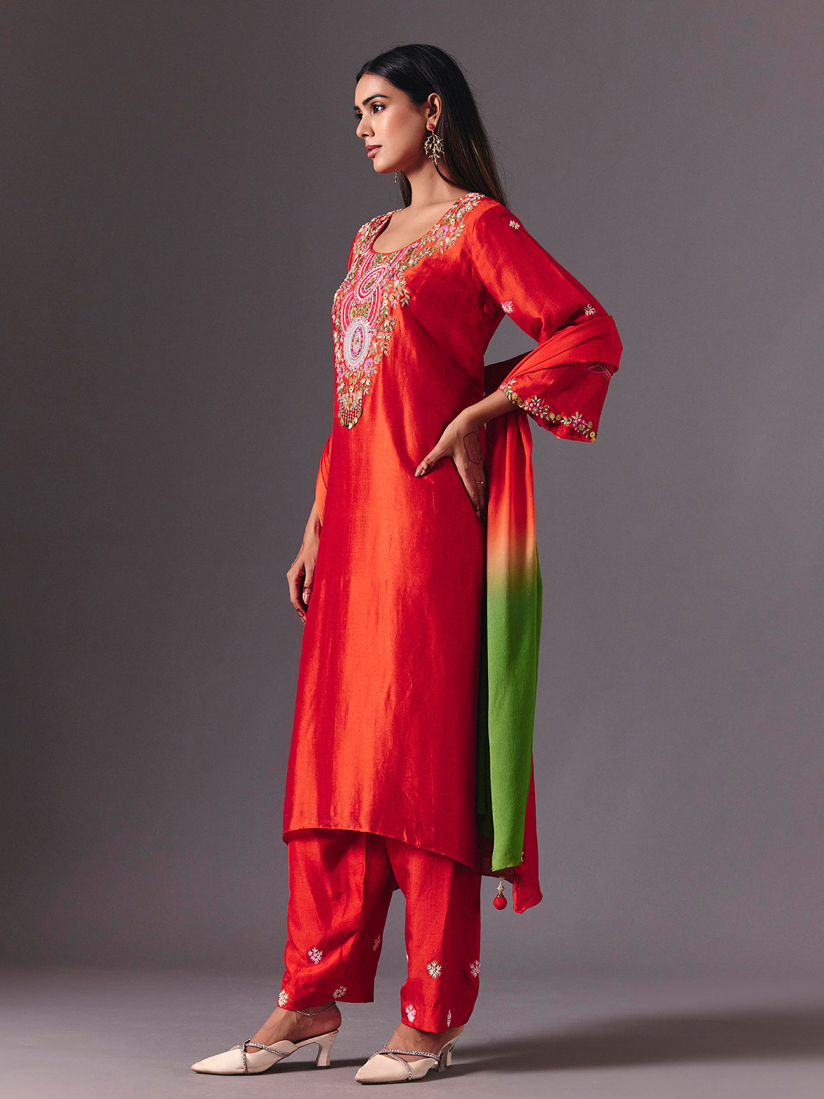 Radiant orange silk pant suit with zardosi embellishments