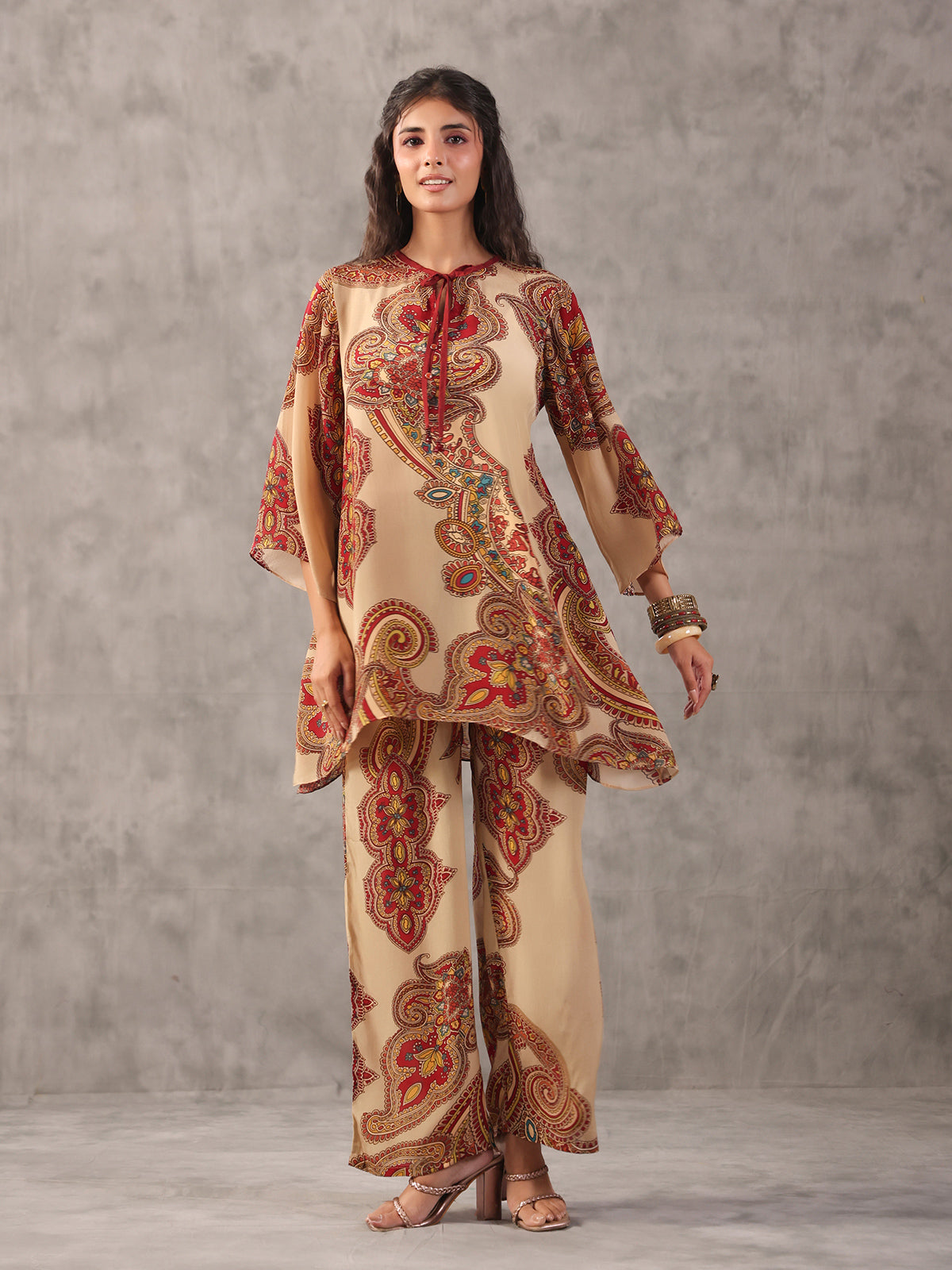 Beige paisley printed keyhole neck palazzo co ord set