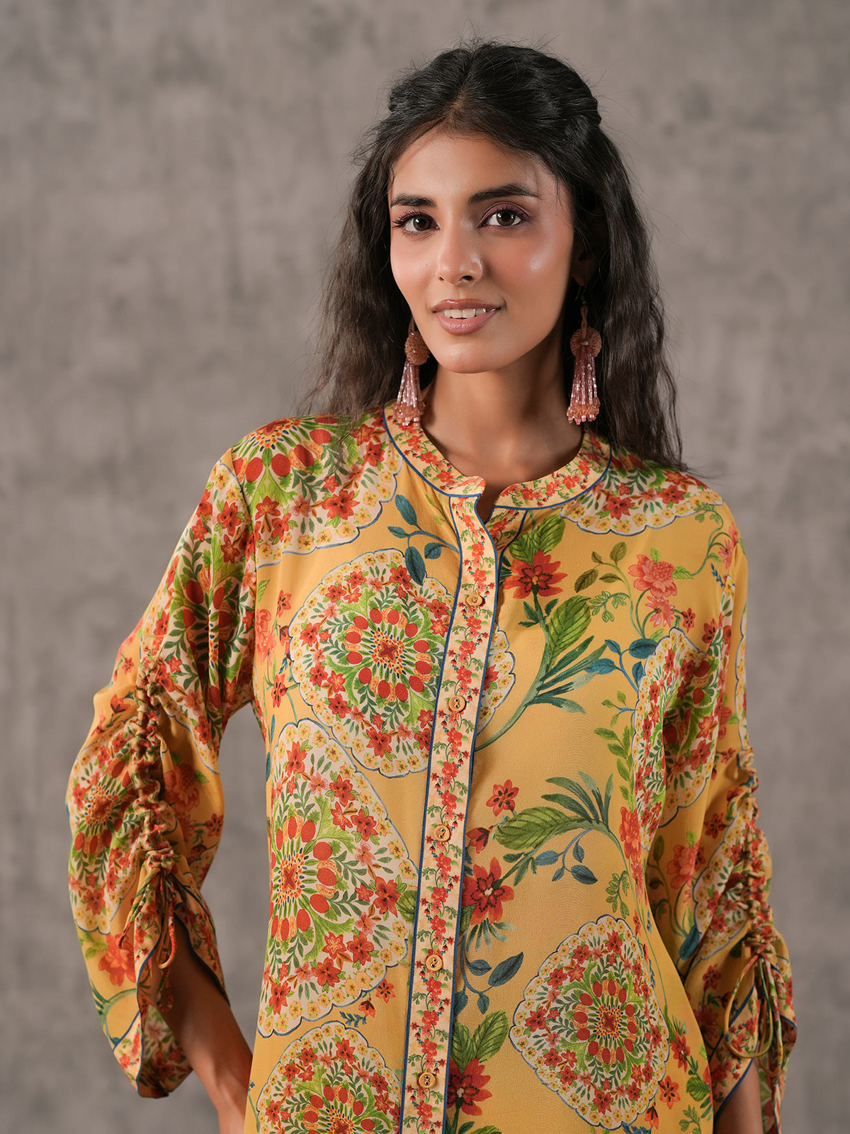 Beige floral printed stand collar palazzo co ord set