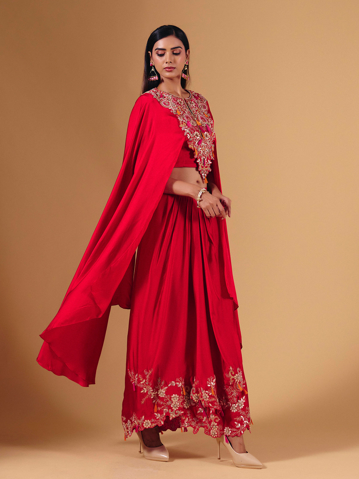 Bold red crepe silk indowestern suit with designer embellishments