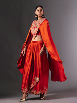 Vibrant orange crepe silk indowestern suit with gota embellishments