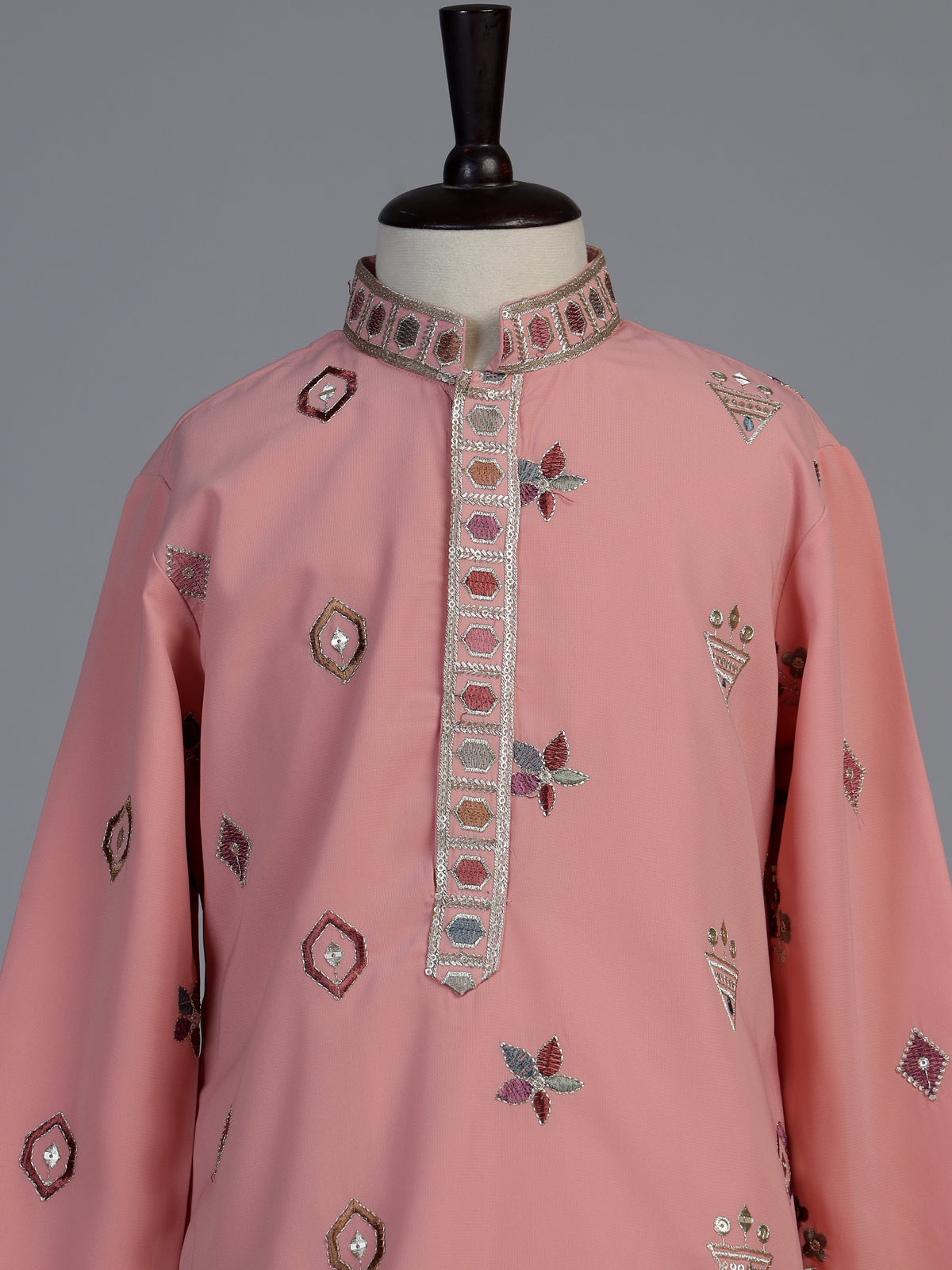 Peach floral silk blend star boys kurta suit