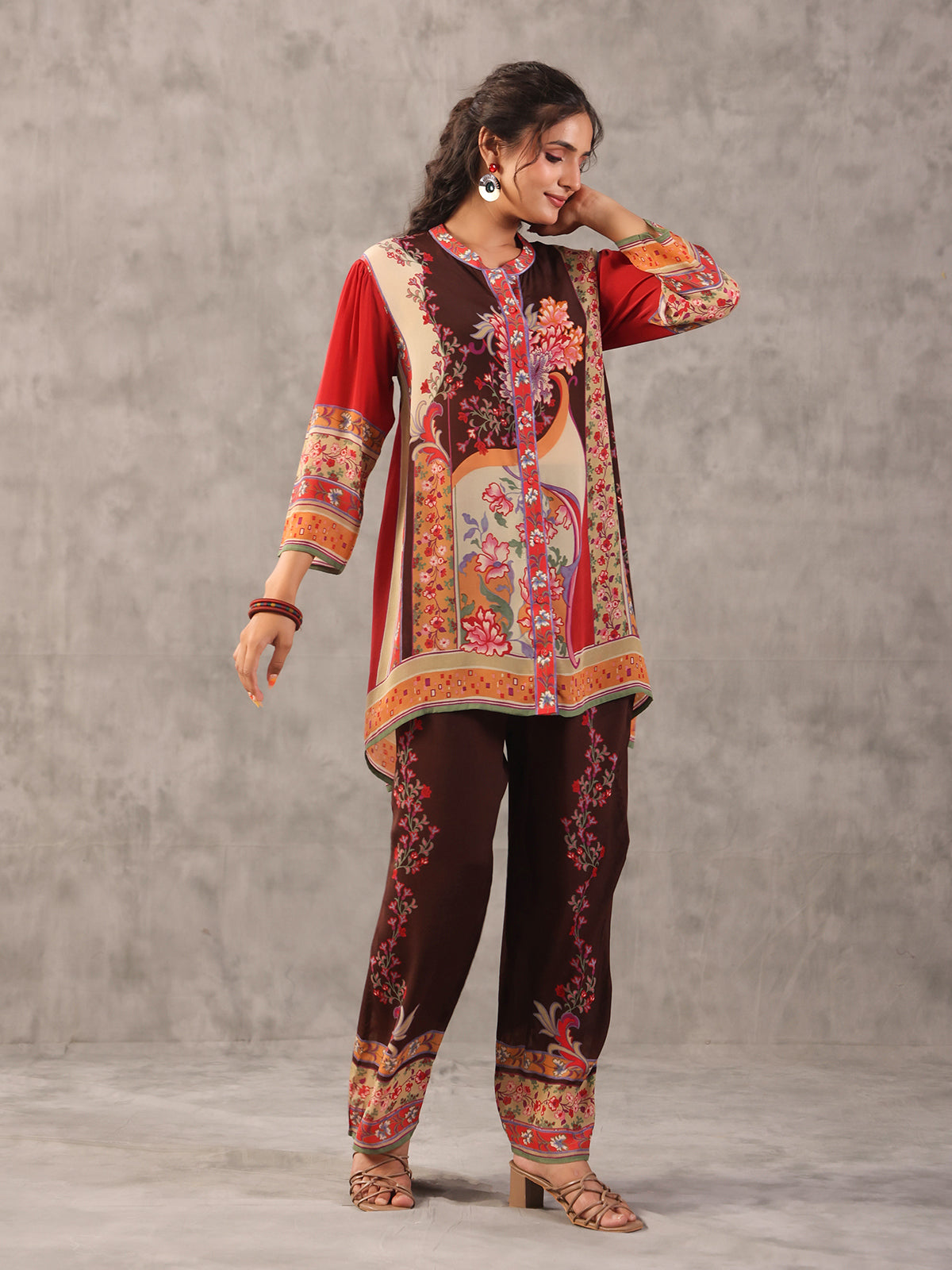 Brown floral printed embellished stand collar palazzo co ord set