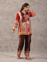 Brown floral printed embellished stand collar palazzo co ord set