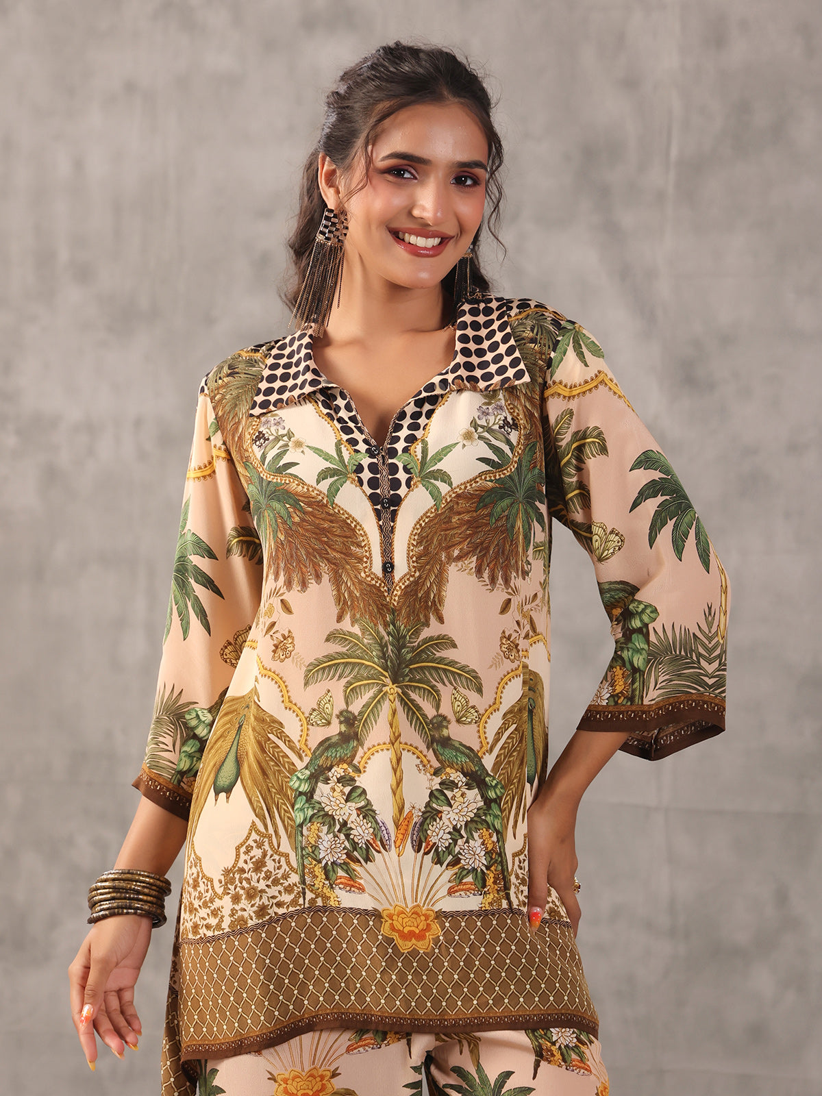 Cream figure print quirky collar neck palazzo co ord set