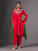 Elegant red silk salwar suit with zardosi embellished dupatta