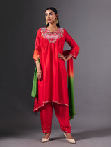 Elegant red silk salwar suit with zardosi embellished dupatta