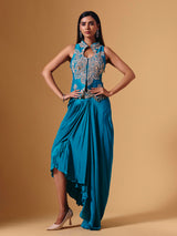 Blue satin silk designer indowestern collar neck festive salwar suit