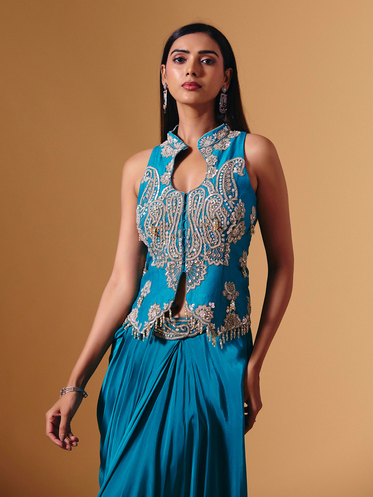 Blue satin silk designer indowestern collar neck festive salwar suit