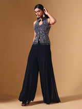 Black cotton silk embellished collar neck palazzo suit for weddings