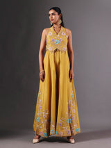 Yellow tissue silk embroidered halter neck palazzo suit for festive