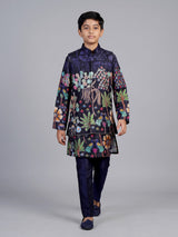 Black pichwai print boys waistcoat set