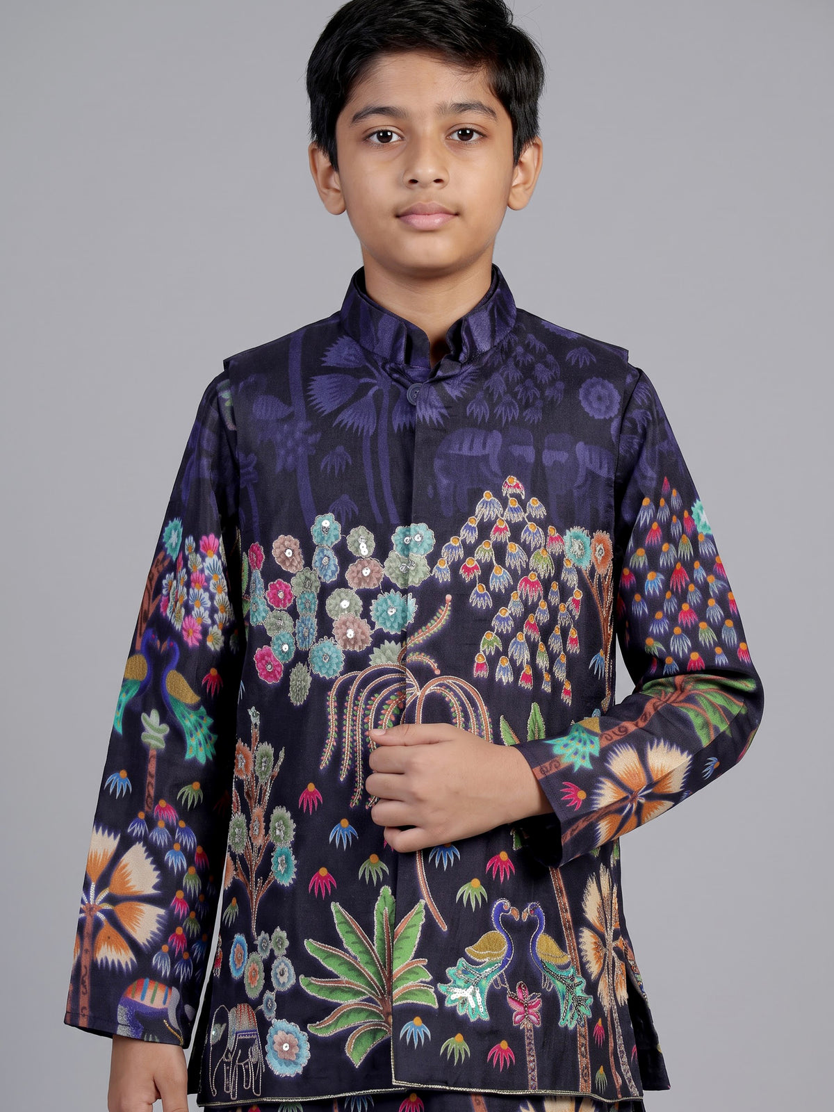 Black pichwai print boys waistcoat set