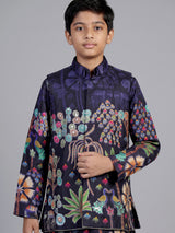Black pichwai print boys waistcoat set
