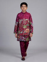 Wine pichwai print boys waistcoat set