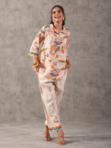 Off white linen printed collar neck palazzo co ord set