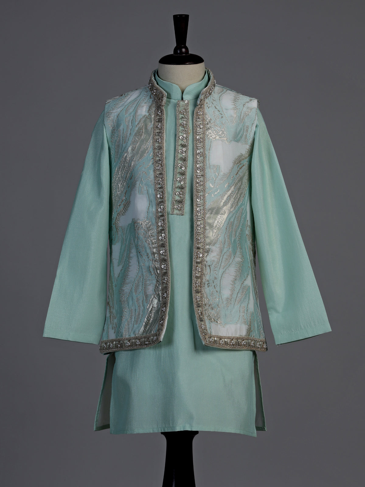 Seafoam mint green feather embroidered boys waistcoat set