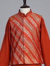Orange leheriya zari boys waistcoat set