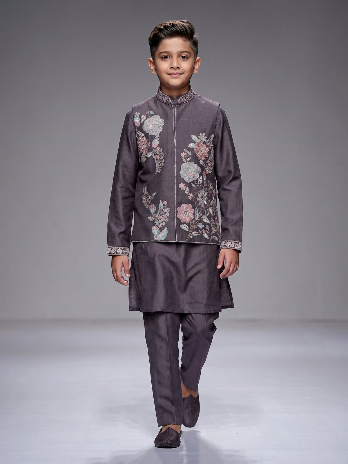 Dusty slate mauve floral boys waistcoat set