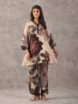 Beige perfect printed embellished stand collar palazzo co ord set