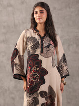 Beige perfect printed embellished stand collar palazzo co ord set