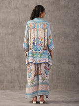 Sky blue european print collar neck palazzo co ord set