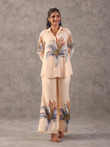 Cream embellished silver linen printed full sleeve co ord set