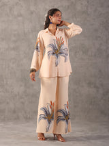 Cream embellished silver linen printed full sleeve co ord set