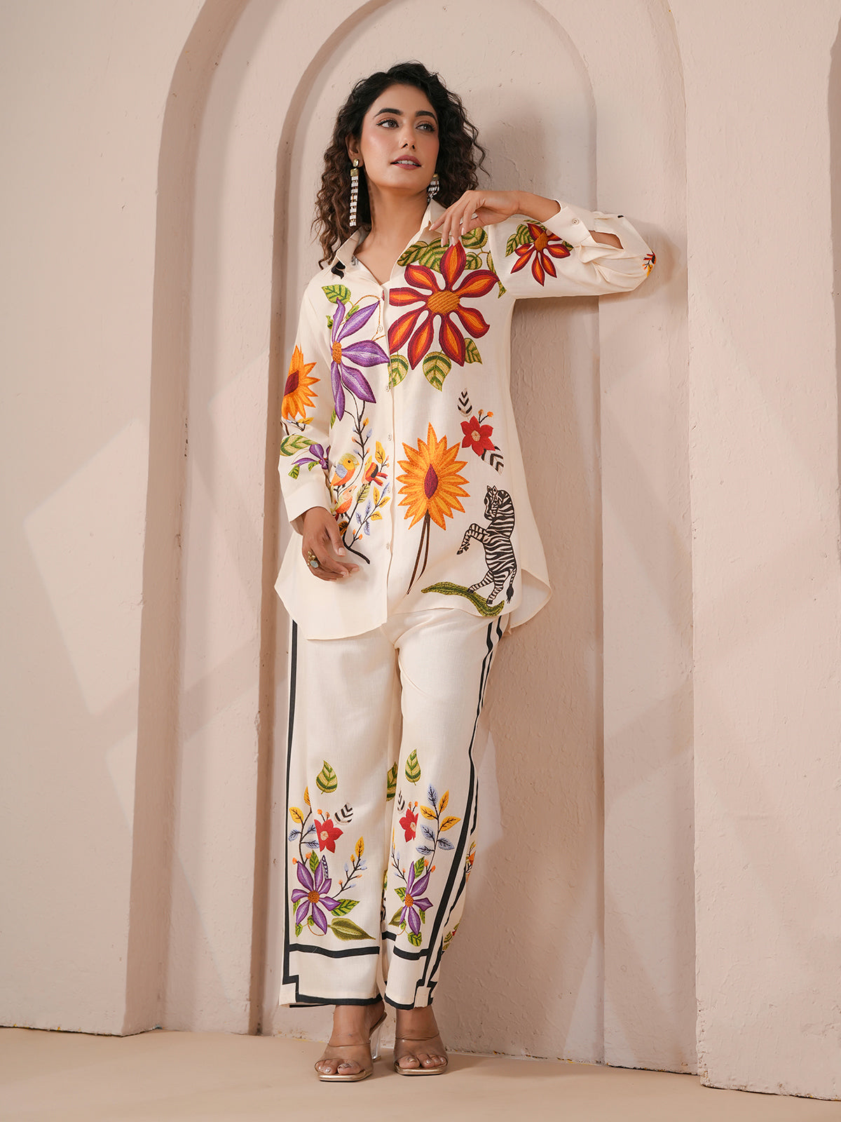 White embellished silver linen printed full sleeve co ord set