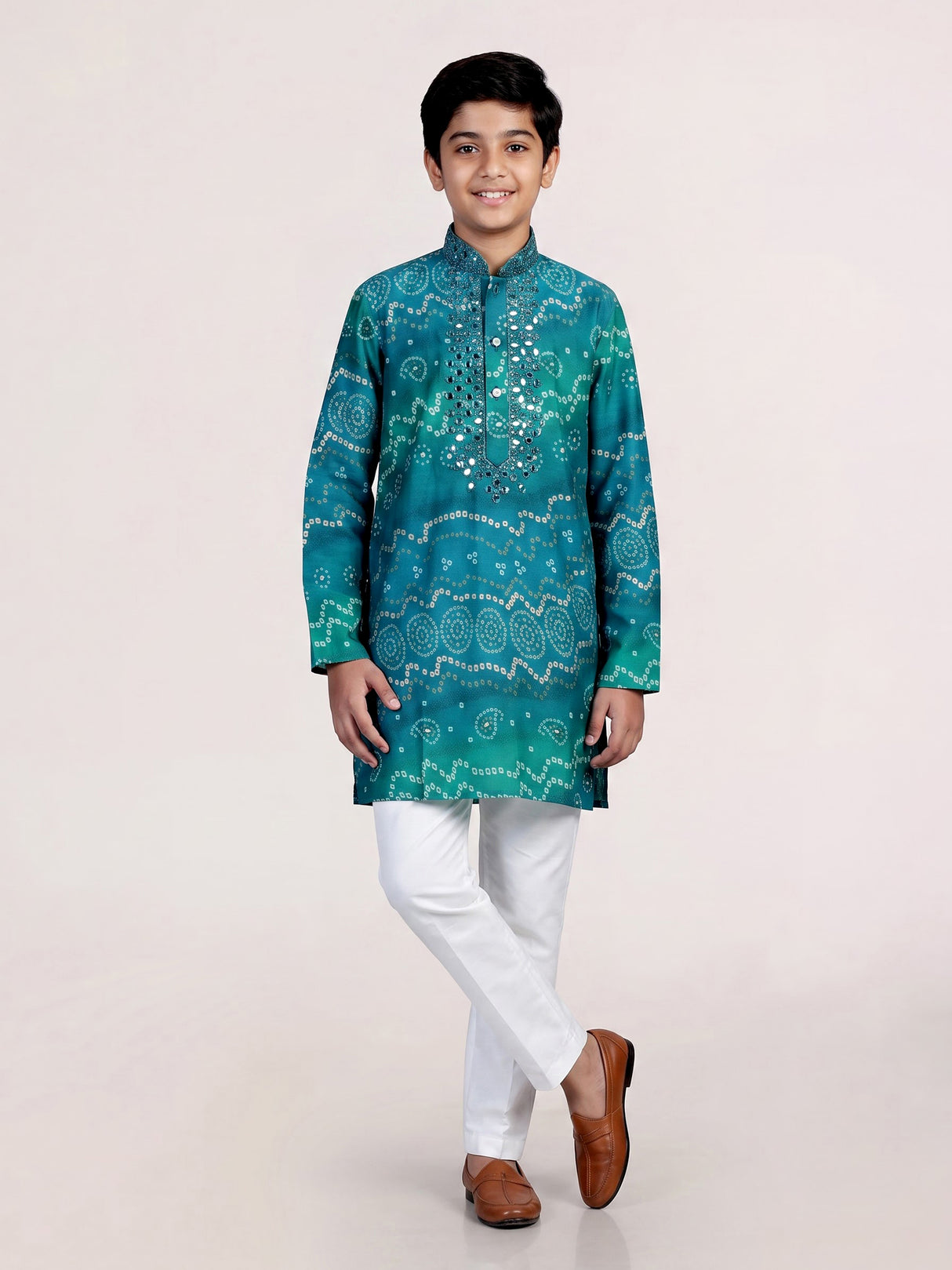 Blue bandhani print boys kurta suit