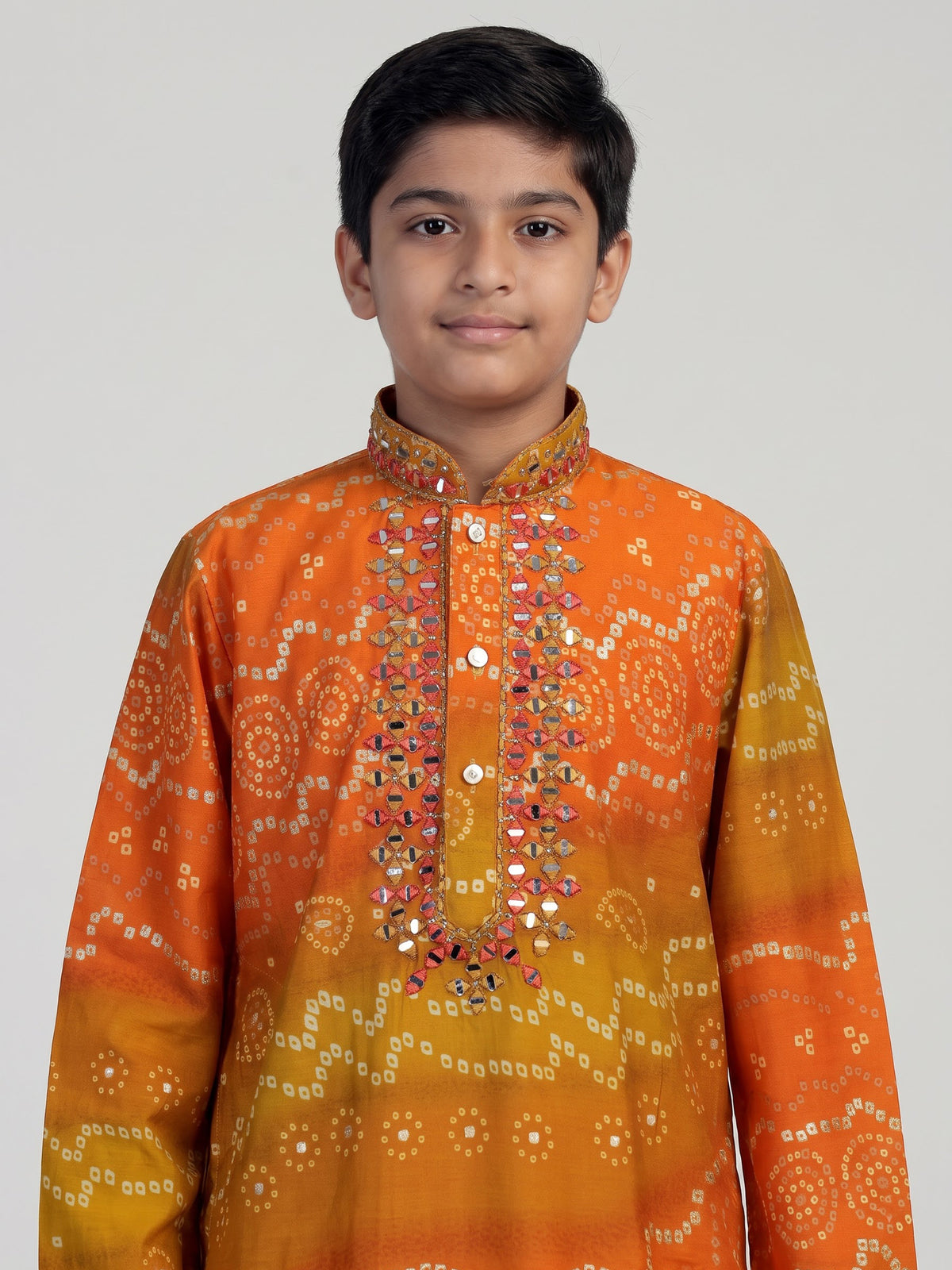 Marigold yellow bandhani boys kurta suit